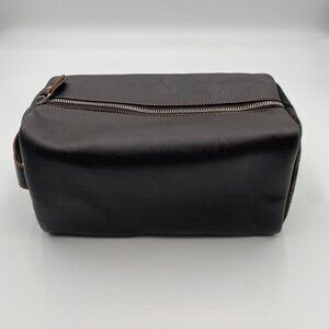 Wolf for Pottery Barn Brown Faux Leather Toiletry Case Bag Green Plaid Zip Close